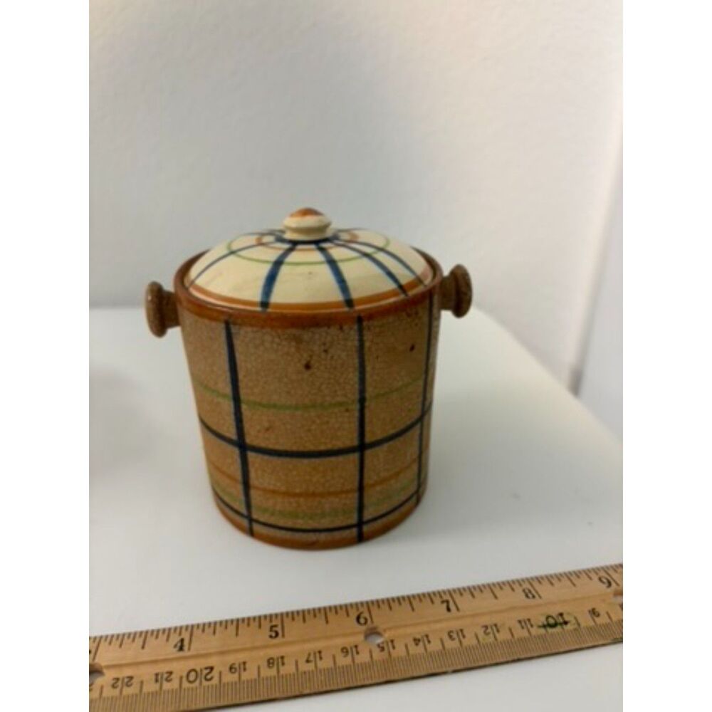 Vtg. Studio Stoneware lidded canister with plaid motif